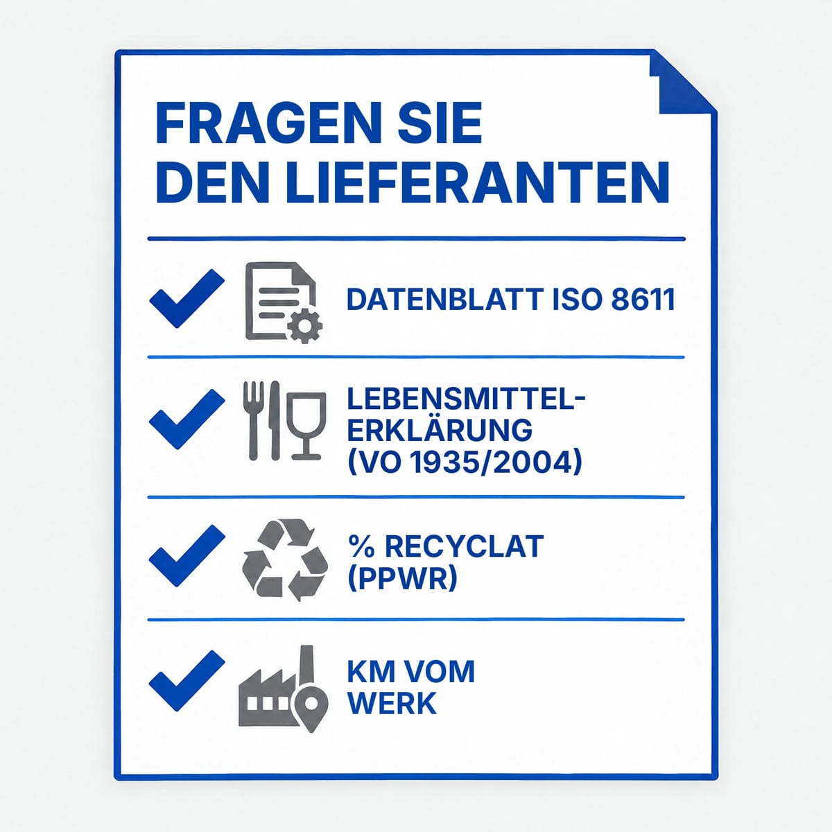 Checkliste zur Auswahl eines Lieferanten von Kunststoffpaletten: ISO 8611, Lebensmittel, Rezyklat, Entfernung zum Werk