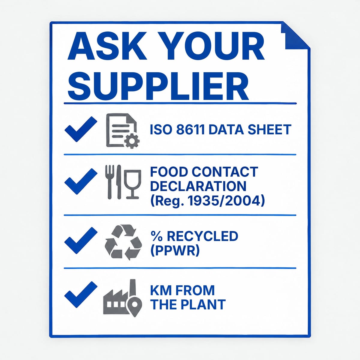 Checklist for choosing a plastic pallet supplier: ISO 8611, food contact, recycled content, distance to the plant