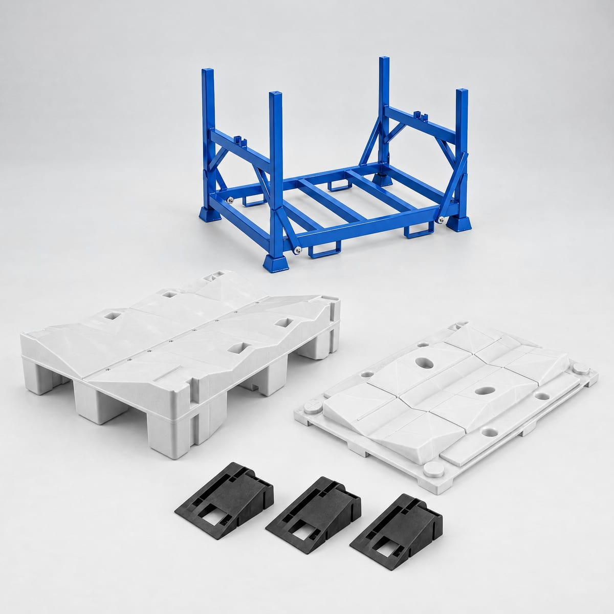 ROLL reel products laid out on a light background: cradle pallet, converter, chocks, flanges and rack
