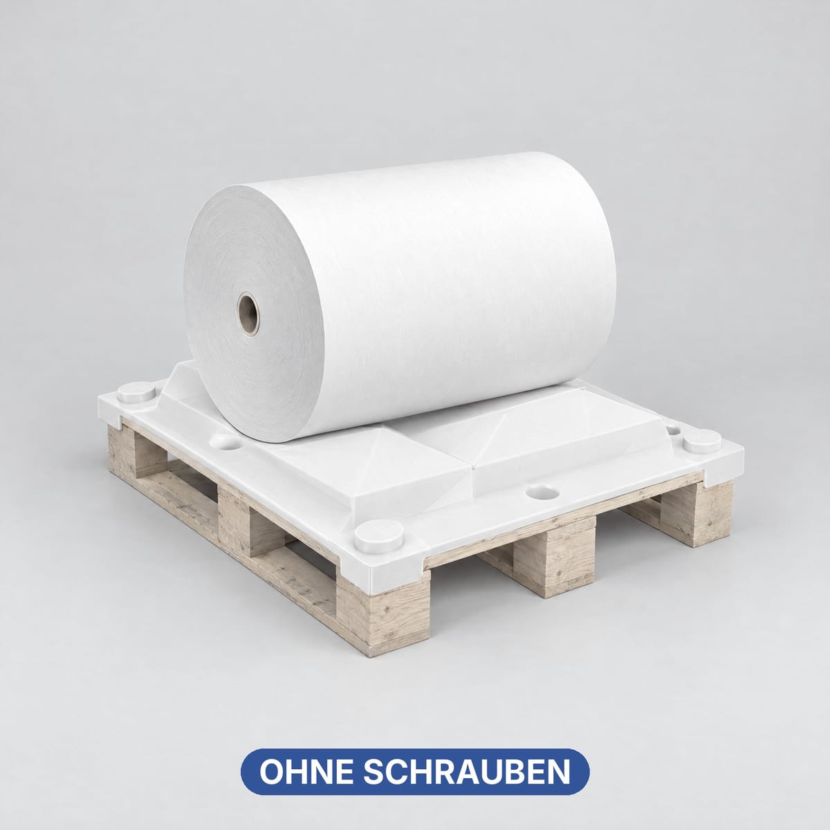 Muldenaufsatz ROLL CV01 auf einer Europalette aus Holz 800×1200 mit einer Rolle darauf