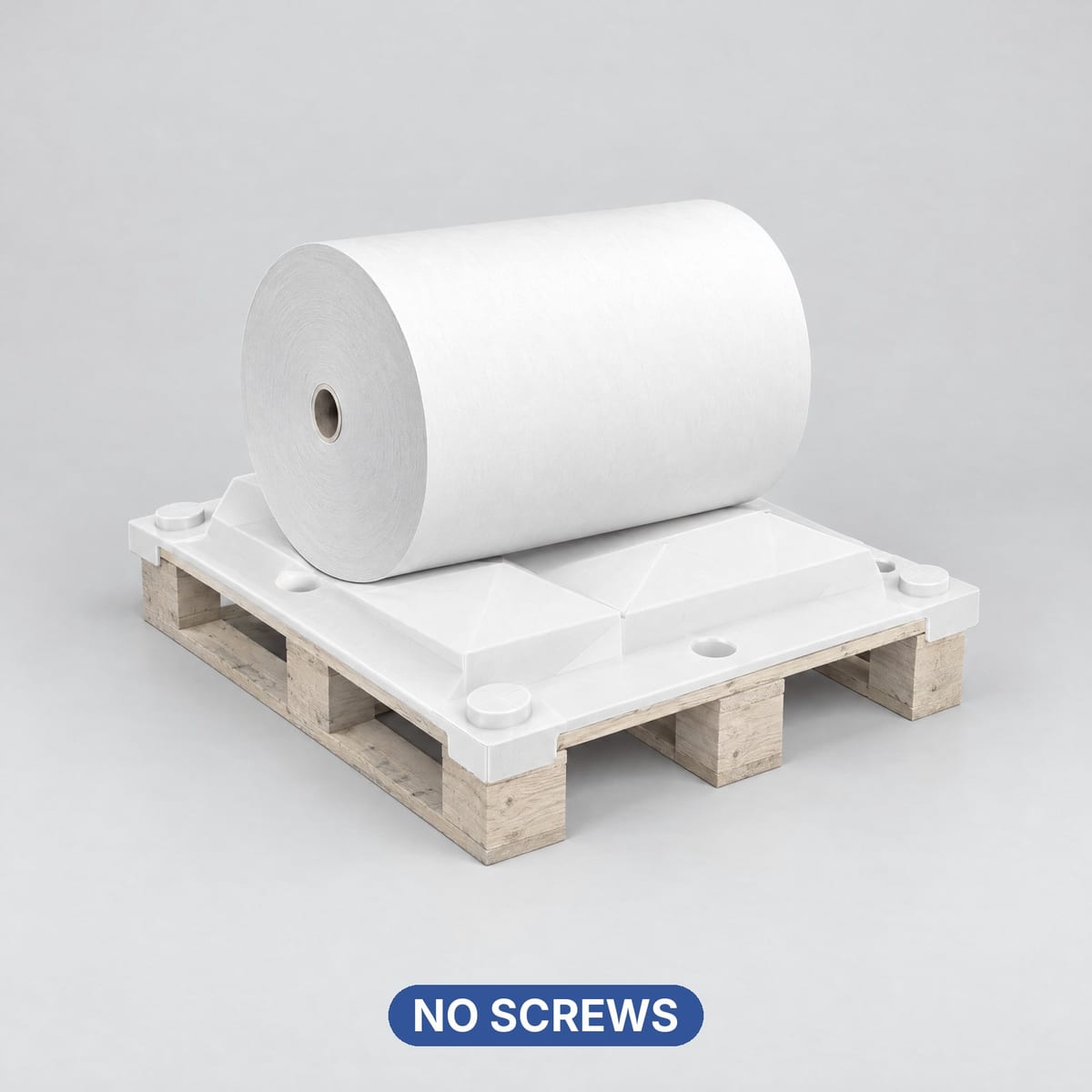 ROLL CV01 cradle insert on an 800×1200 wooden euro pallet with a reel on top