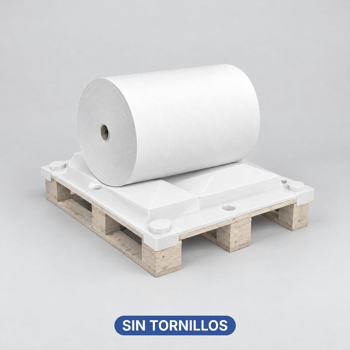 Inserto de cuna ROLL CV01 colocado sobre un palet europeo de madera 800×1200 con una bobina encima