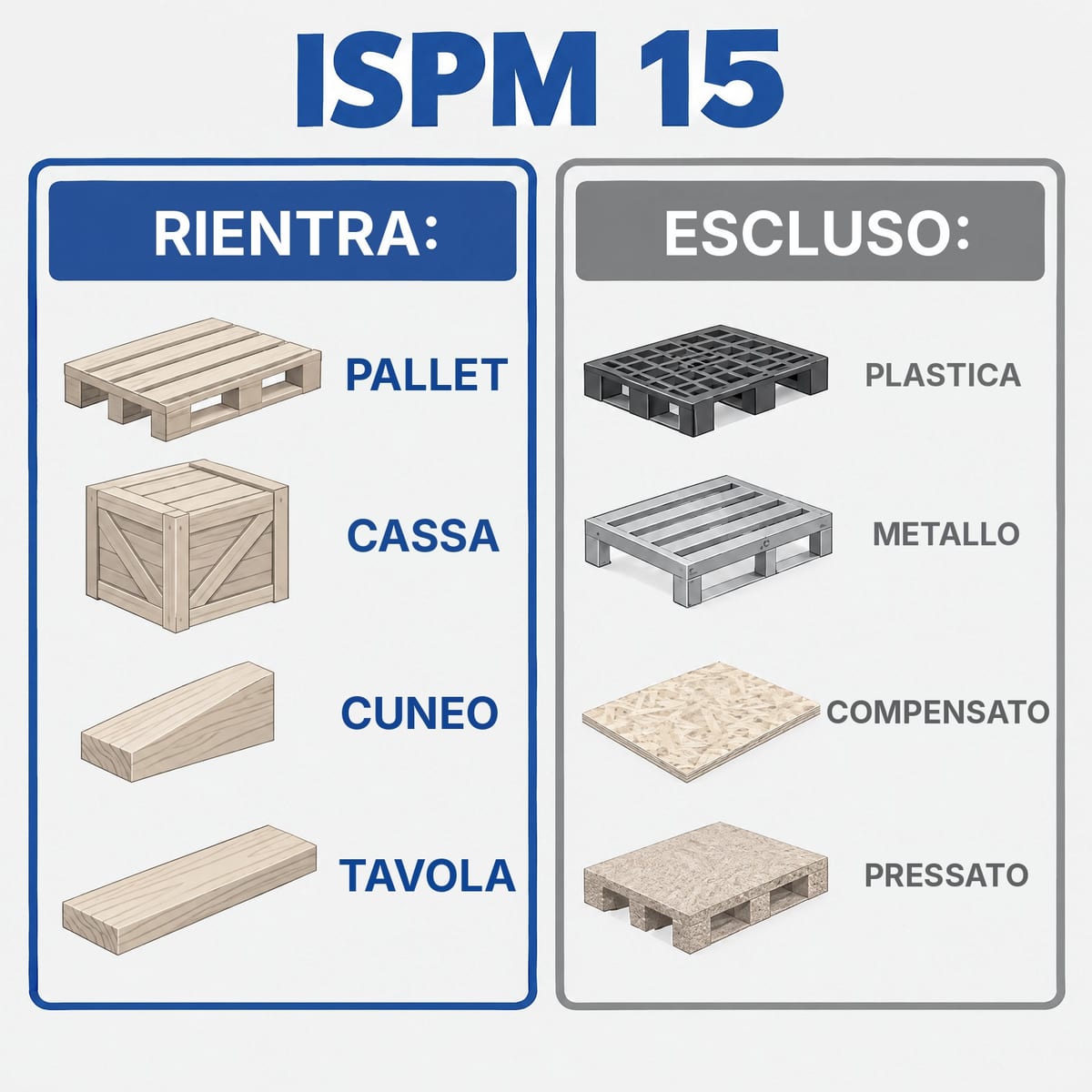 Schema di cosa rientra in ISPM 15 e cosa è escluso: legno massiccio contro plastica, metallo e legno pressato