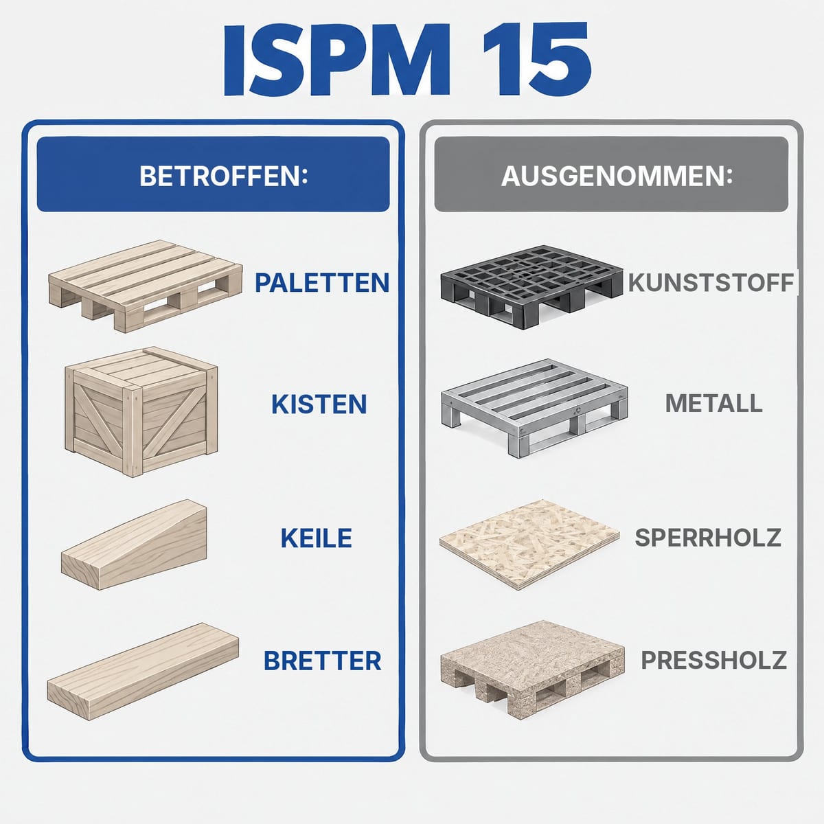Schema, was unter ISPM 15 fällt und was nicht: Massivholz gegenüber Kunststoff, Metall und Pressholz