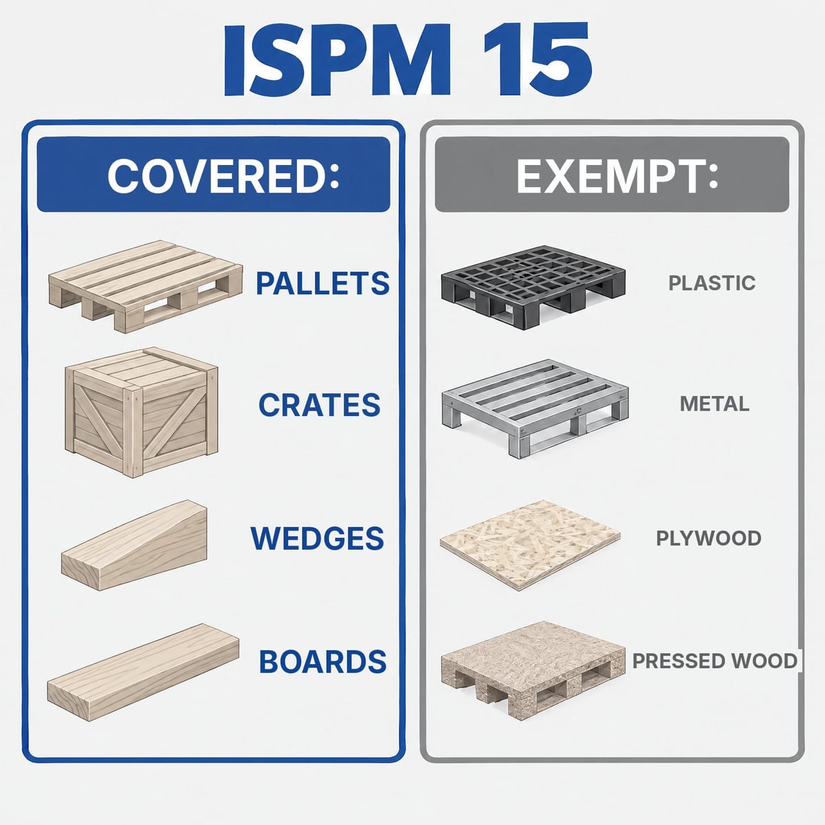 Diagram of what falls under ISPM 15 and what is excluded: solid wood against plastic, metal and moulded wood