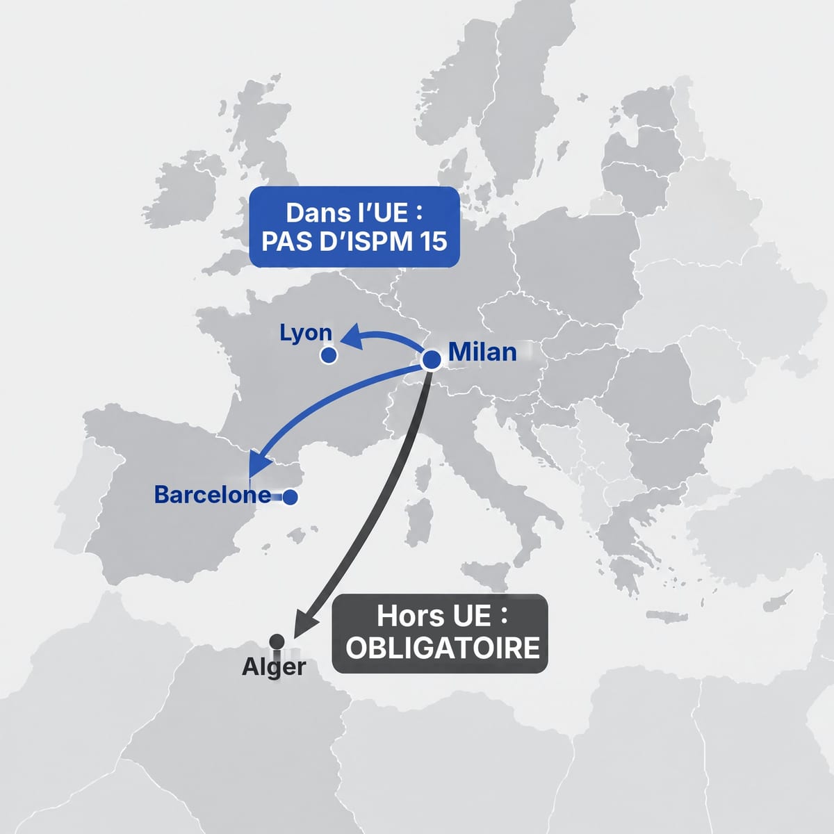 Carte schématique : expéditions intra-UE sans NIMP 15 et expéditions hors UE avec NIMP 15