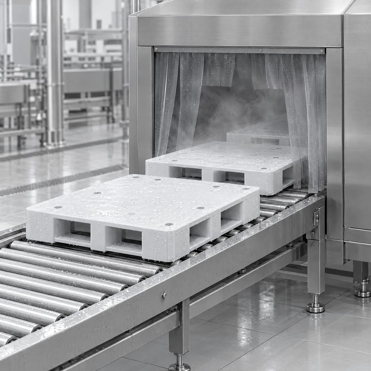 Automatic washing tunnel with wet plastic pallets coming out on a roller conveyor
