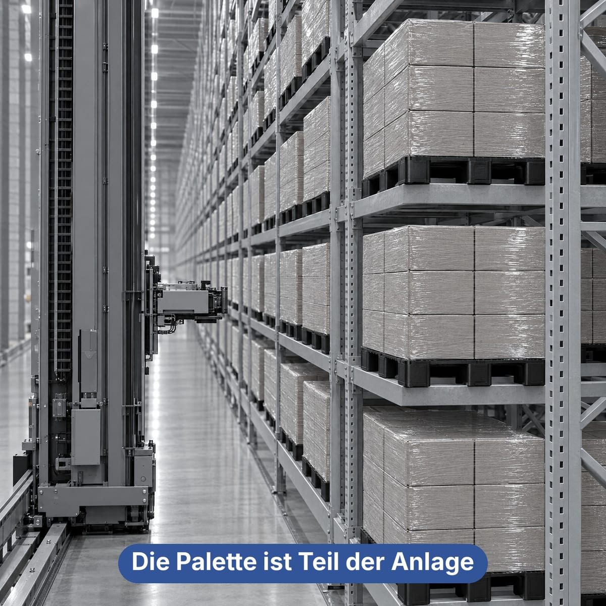 Regalbediengerät setzt eine schwarze Kunststoffpalette mit Kufen in einem automatischen Hochregallager ein