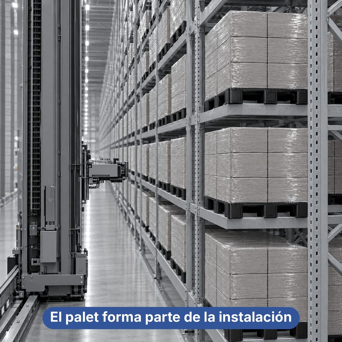 Transelevador depositando un palet de plástico negro con patines en un almacén automático vertical