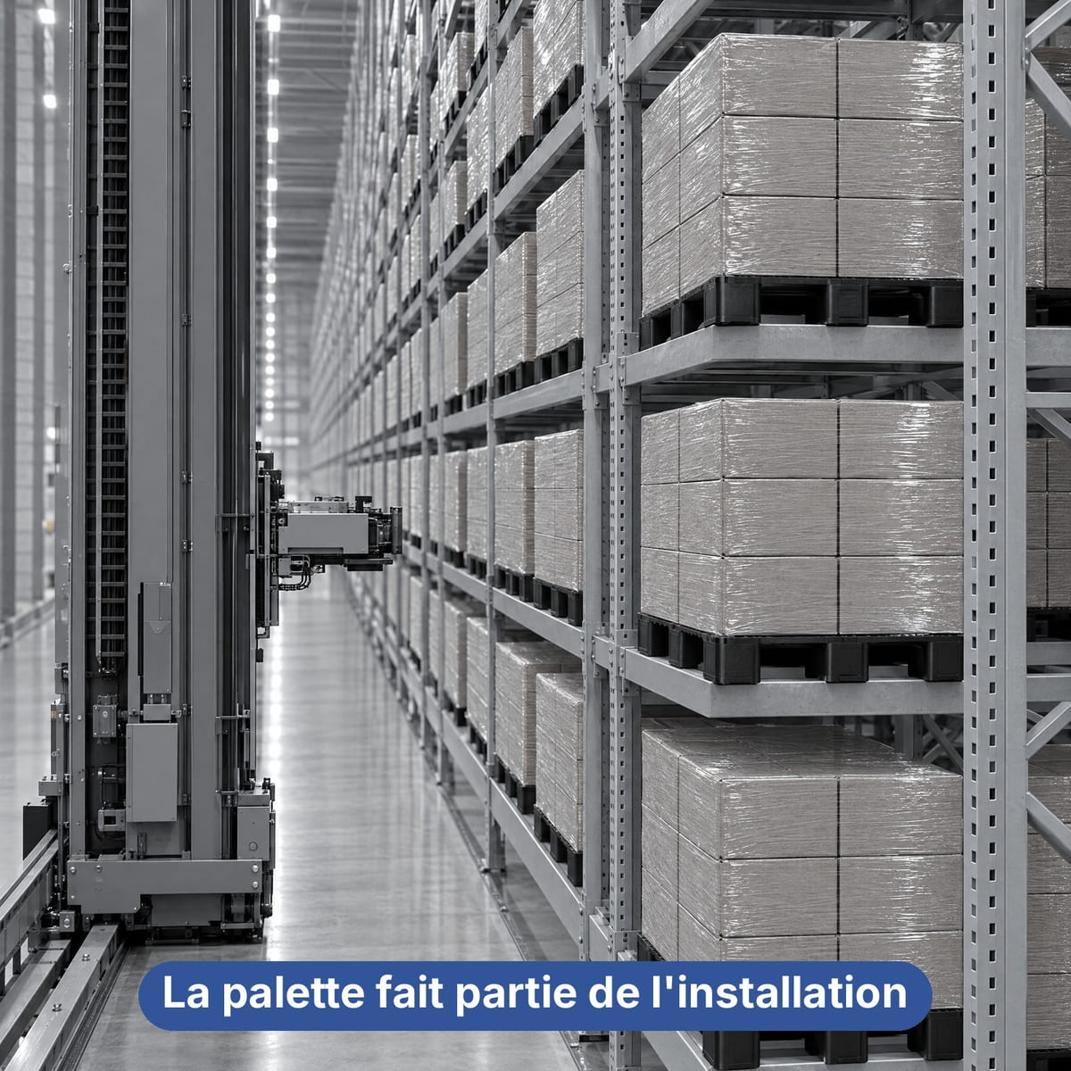 Transstockeur déposant une palette plastique noire à semelles dans un entrepôt automatisé de grande hauteur