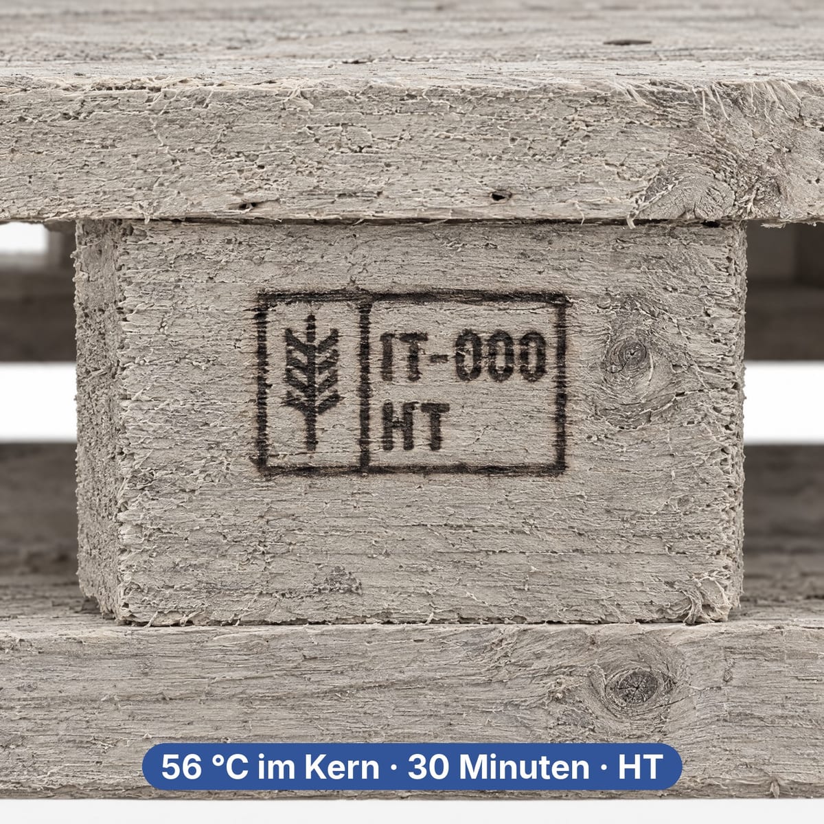 ISPM-15-Kennzeichnung mit IPPC-Ähre, Ländercode IT und Kürzel HT auf einem Klotz einer Holzpalette
