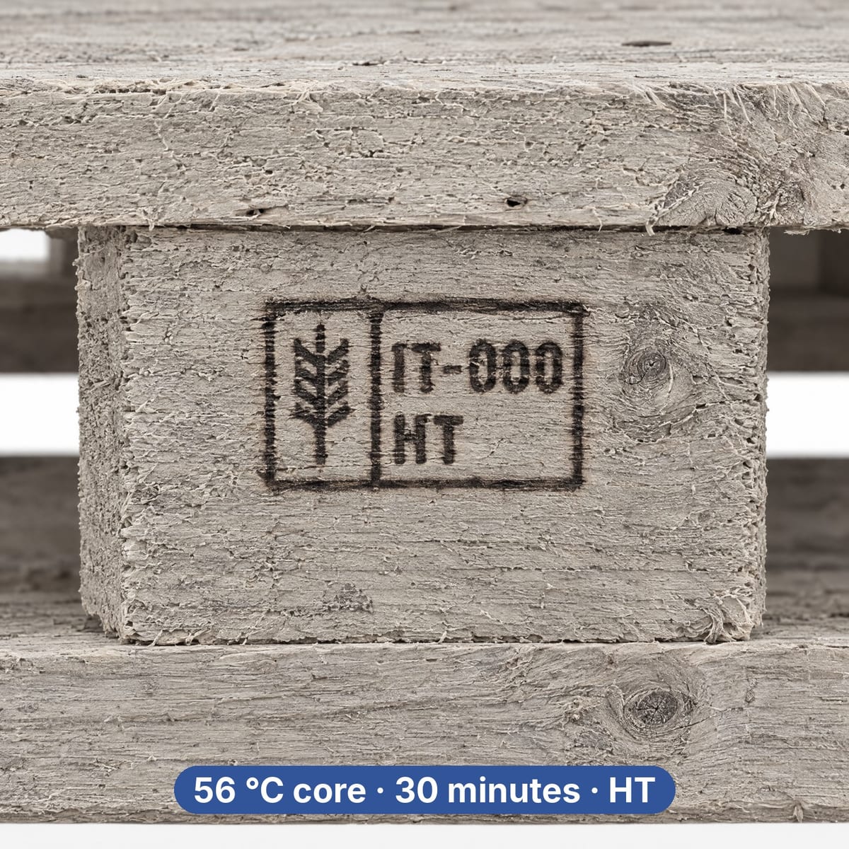 ISPM 15 mark with IPPC wheat ear, IT code and HT stamped on a wooden pallet block