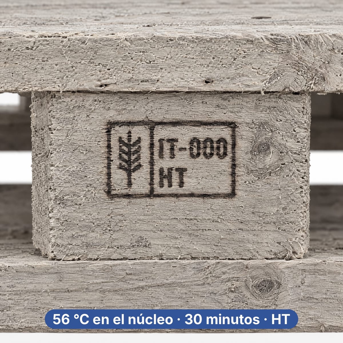 Marca NIMF 15 con la espiga IPPC, el código IT y la sigla HT grabada en un taco de palet de madera