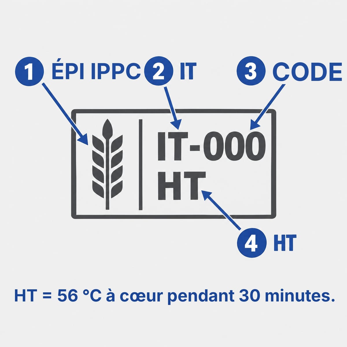 Schéma du marquage NIMP 15 avec ses quatre éléments : épi IPPC, code pays, code opérateur, traitement