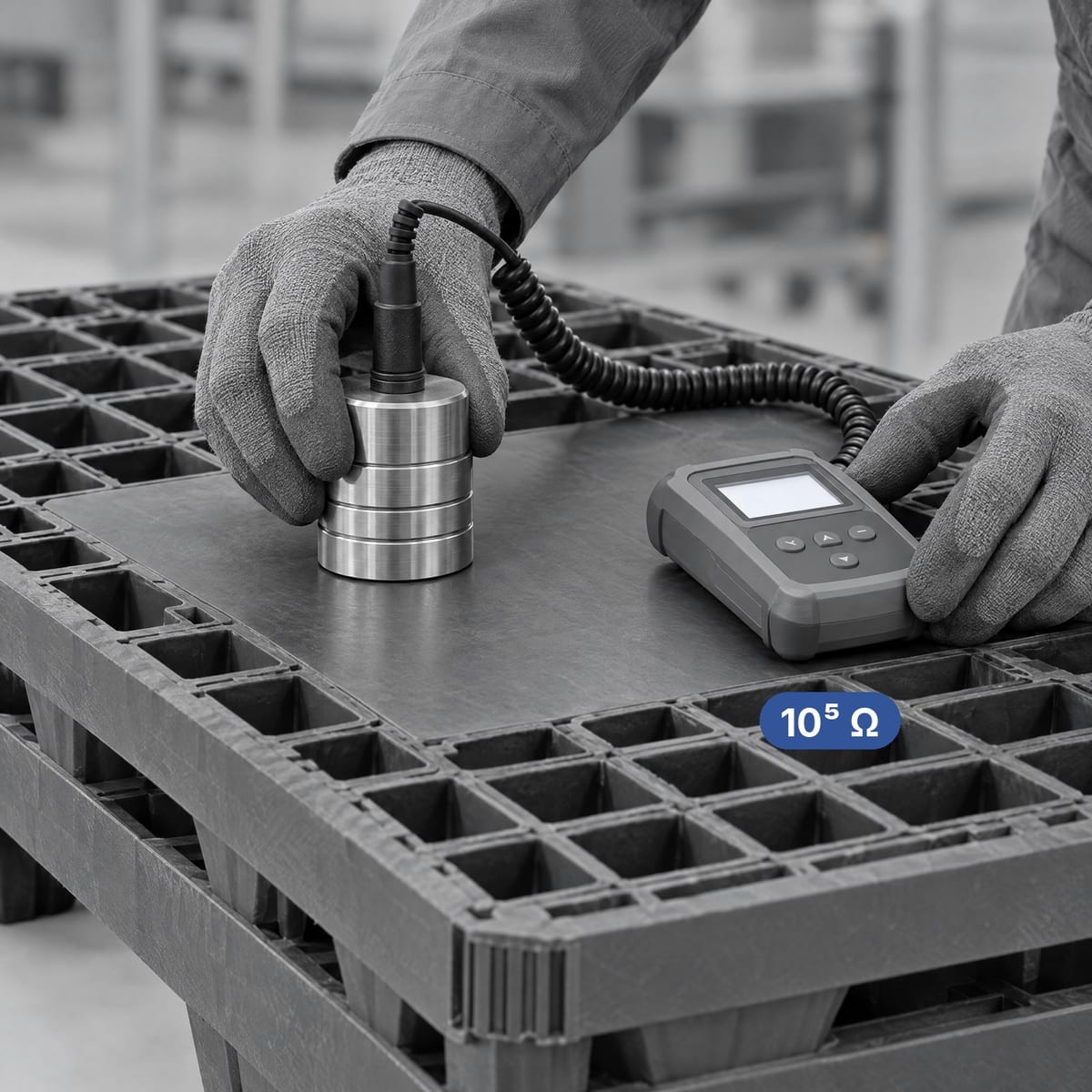 Measuring the surface resistance of an ESD pallet with a concentric ring electrode and meter