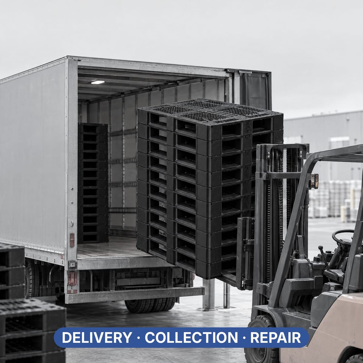 Pallet rental service lorry collecting empty plastic pallets at destination