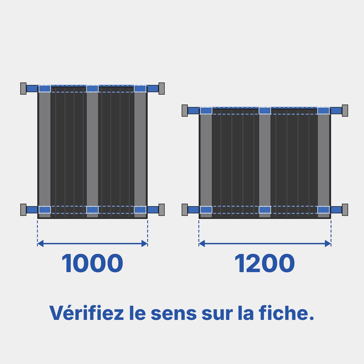 Schéma d'une palette 1200×1000 posée sur les lisses d'un rayonnage à palettes (rack), côté 1000 et côté 1200