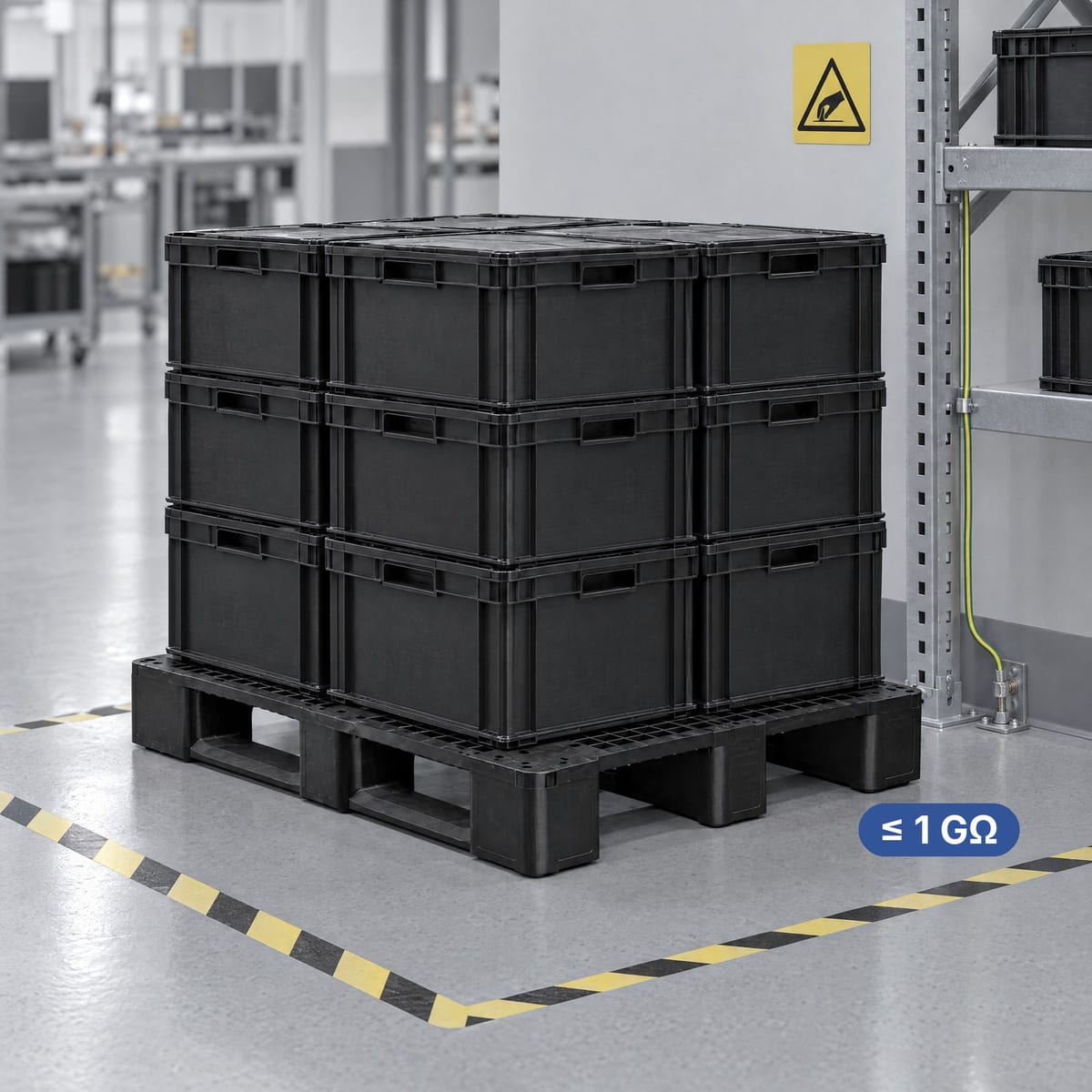 ESD protected area with dissipative floor, earthed shelving and a loaded ESD pallet