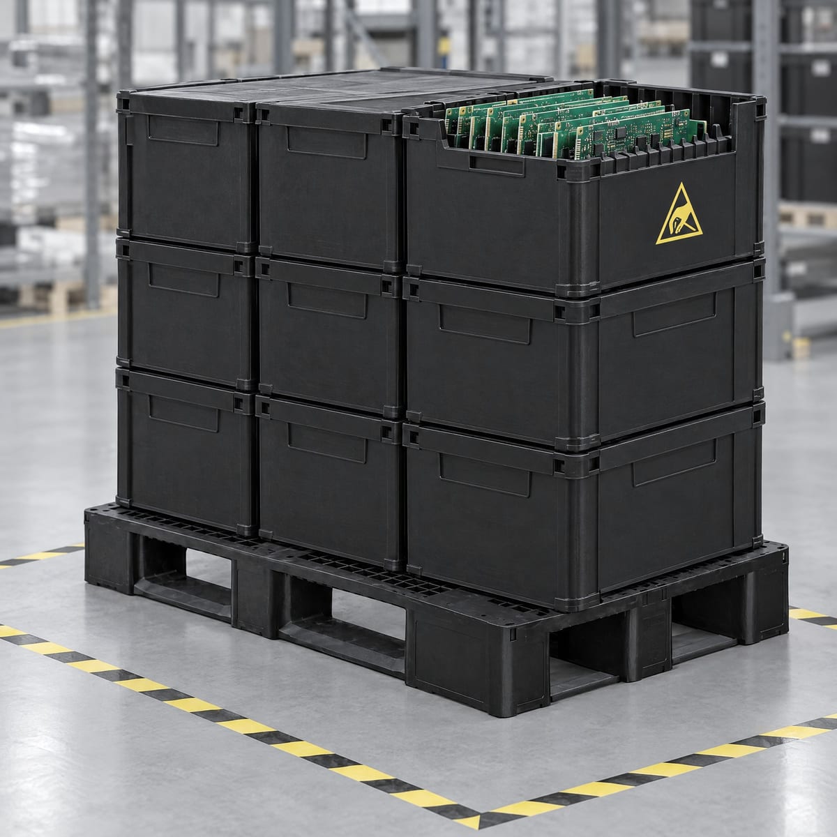 Black conductive ESD plastic pallet with trays of circuit boards in a protected area