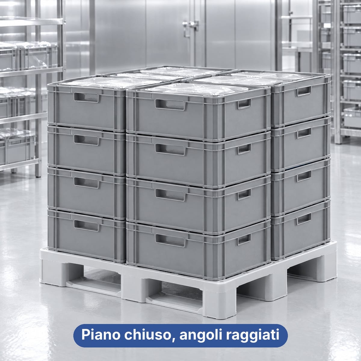 Pallet igienico in plastica a piano chiuso con carne confezionata in cella frigorifera