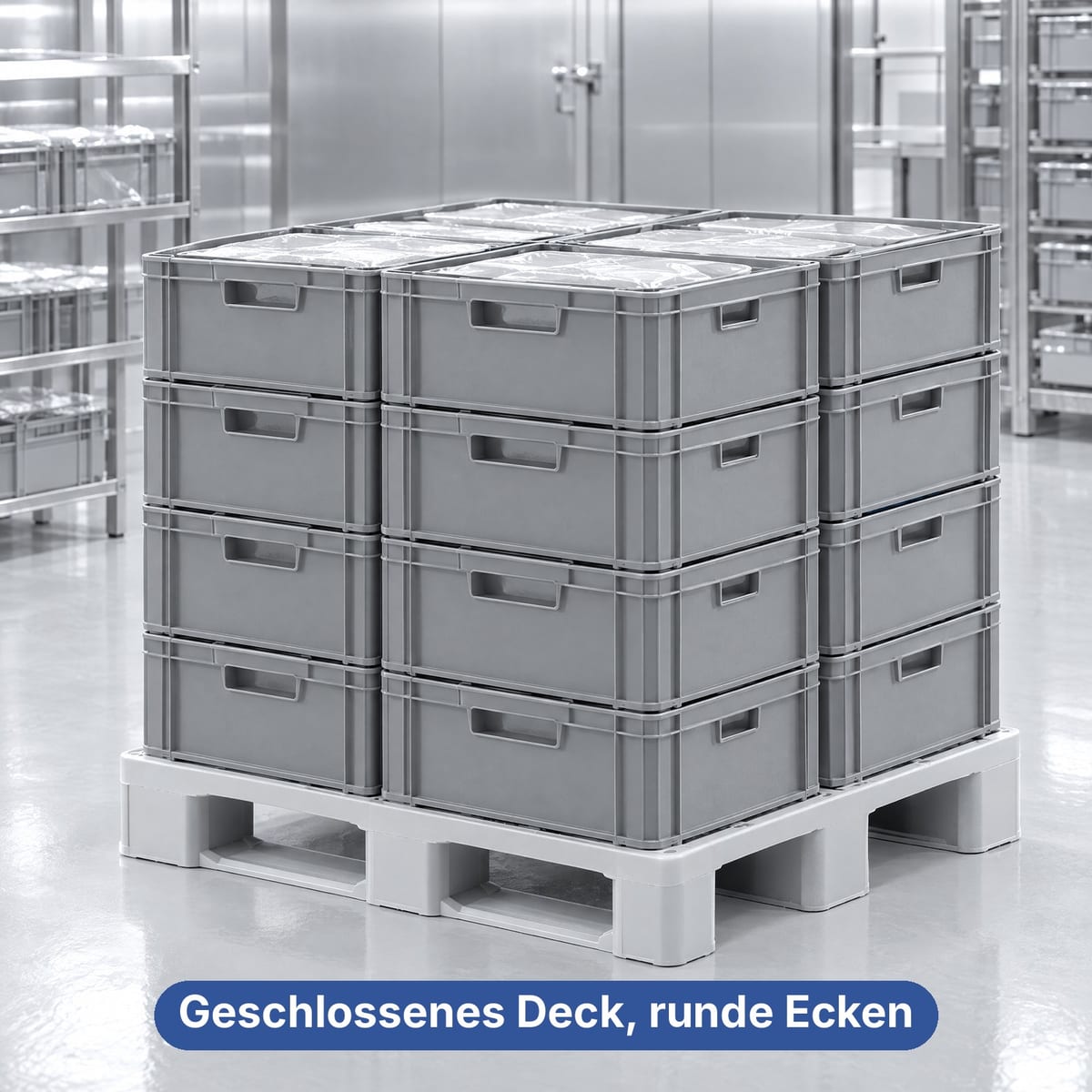 Hygienepalette aus Kunststoff mit geschlossenem Deck und verpacktem Fleisch im Kühlraum