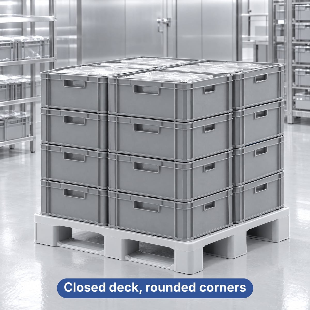 Solid-deck hygienic plastic pallet with packaged meat in a cold store