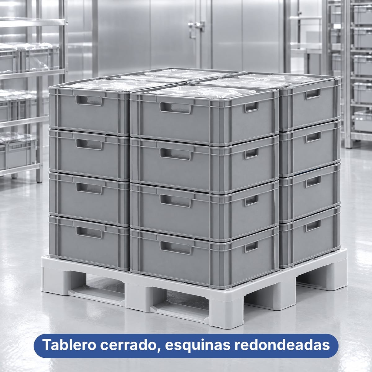 Palet higiénico de plástico con tablero cerrado y carne envasada en una cámara frigorífica