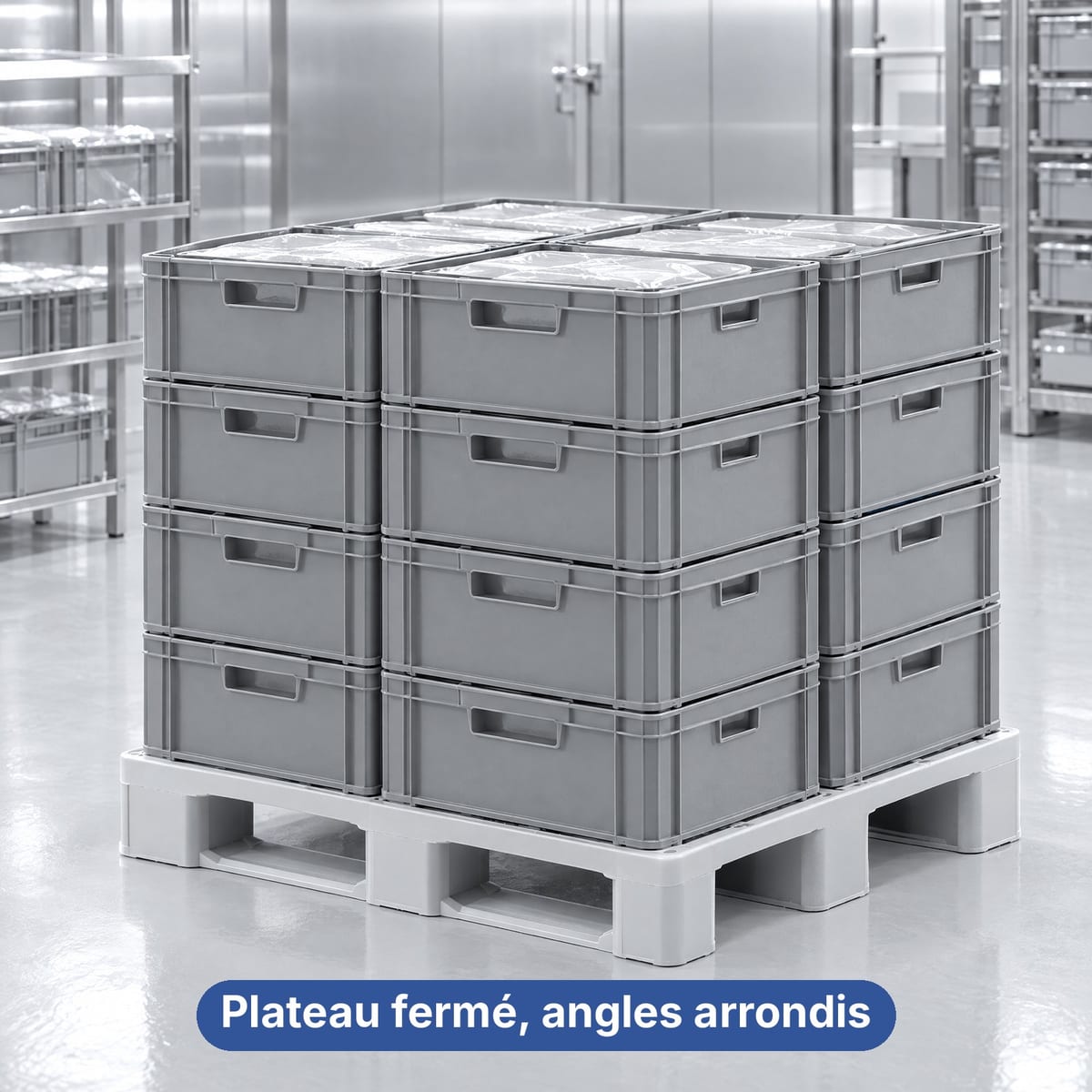 Palette hygiénique en plastique à plateau plein avec de la viande emballée en chambre froide