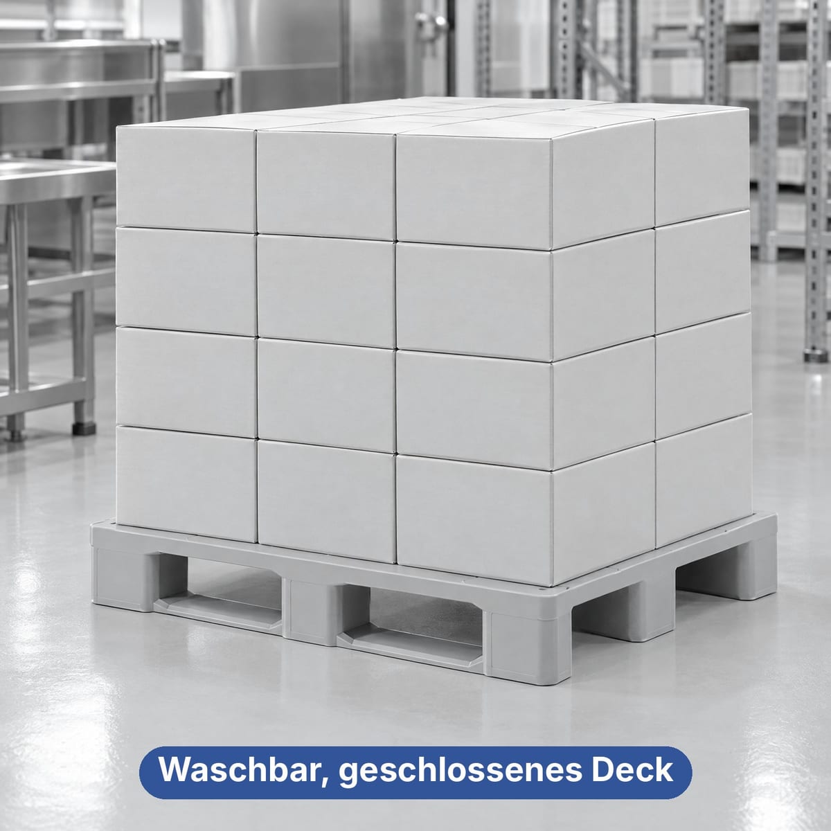 Hygienische Kunststoffpalette mit geschlossenem Deck in einem Lebensmittelbetrieb mit Kisten