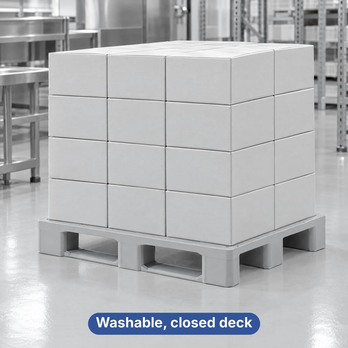 Hygienic plastic pallet with a closed deck in a food production area with crates