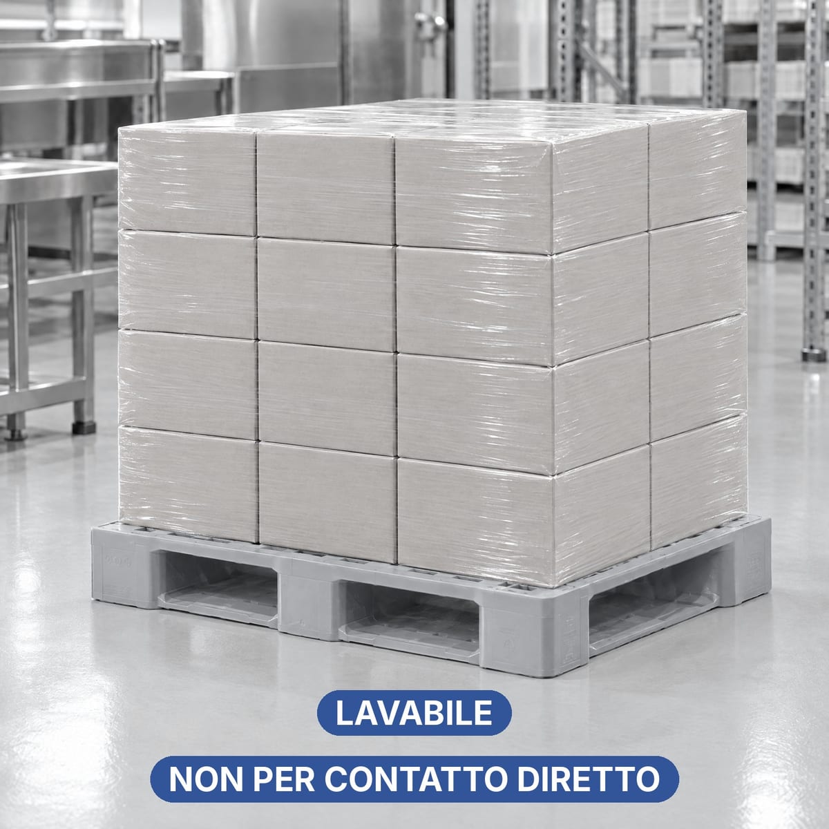 Pallet igienico ROLL PPH1 a slitte chiuse in un magazzino pulito con scatole sigillate