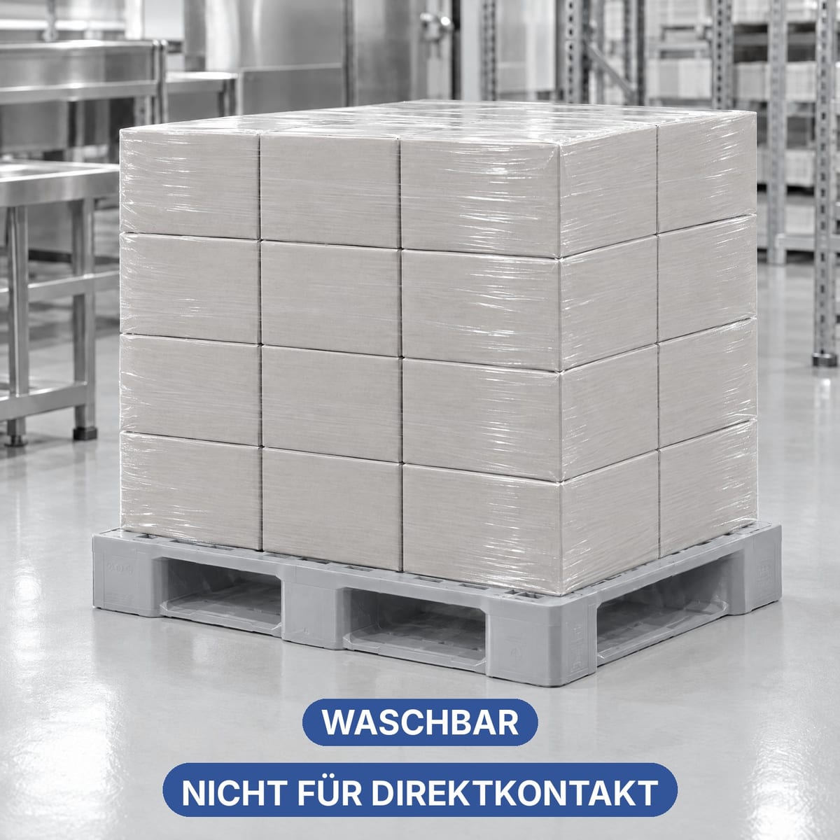 Hygienepalette ROLL PPH1 mit geschlossenen Kufen in einem sauberen Lager mit versiegelten Kartons