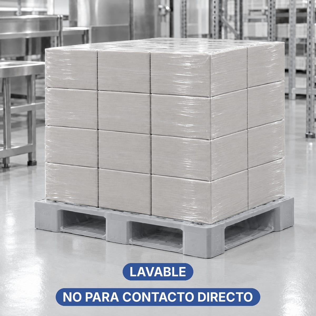 Palet higiénico ROLL PPH1 de patines cerrados en un almacén limpio con cajas precintadas