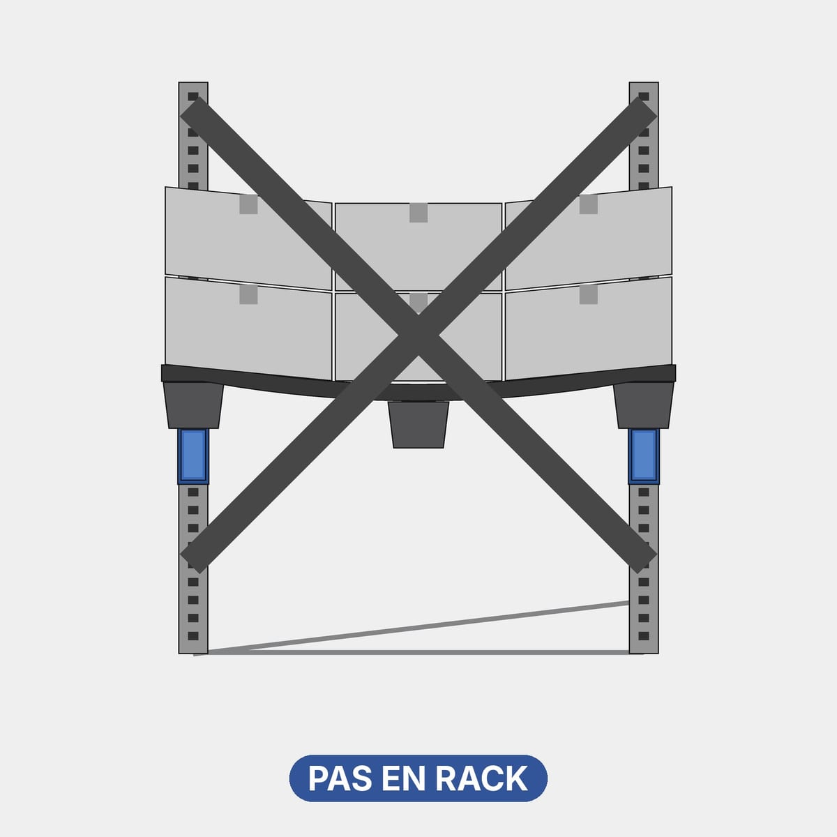 Palette emboîtable à 9 pieds sur deux lisses, pieds centraux dans le vide, schéma