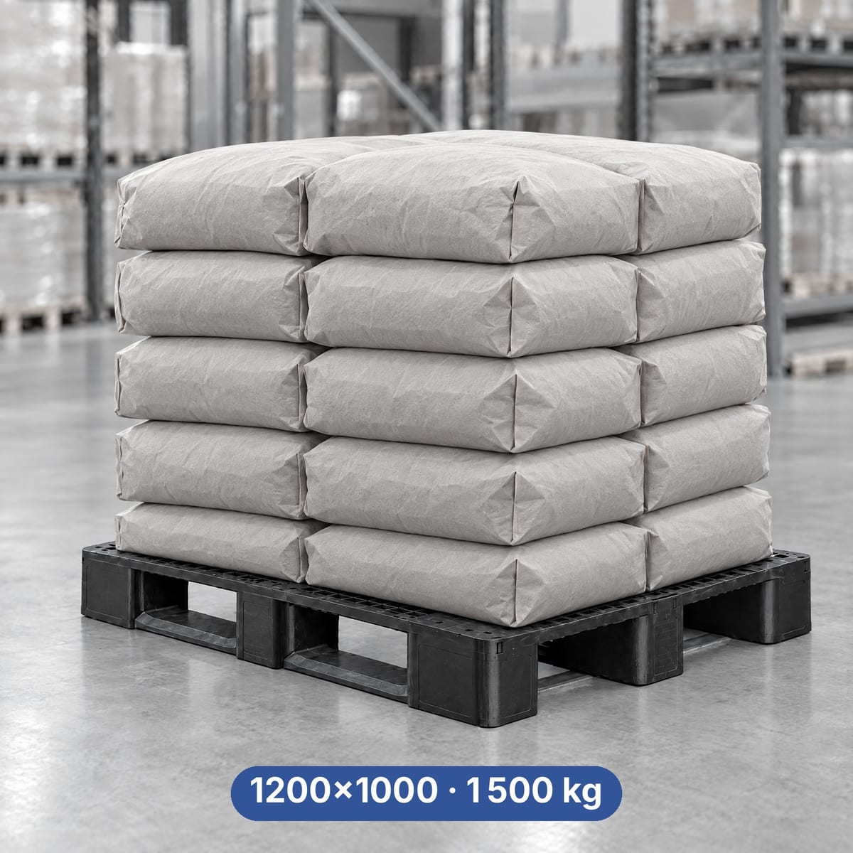 Palette plastique 1200×1000 lourde à semelles, chargée de sacs dans un entrepôt industriel