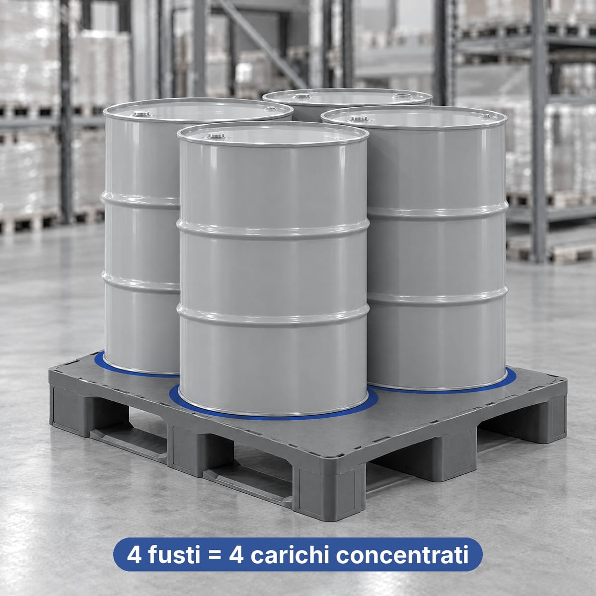 Quattro fusti su un pallet in plastica 100x120 a piano chiuso