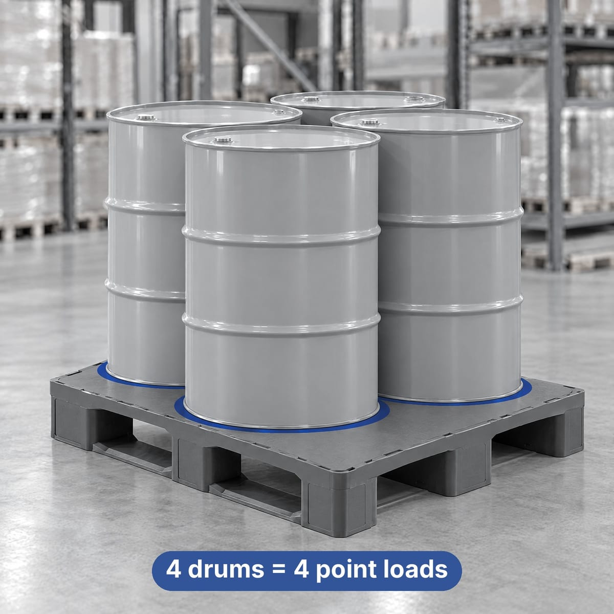 Four drums on a closed-deck 1200x1000 plastic pallet