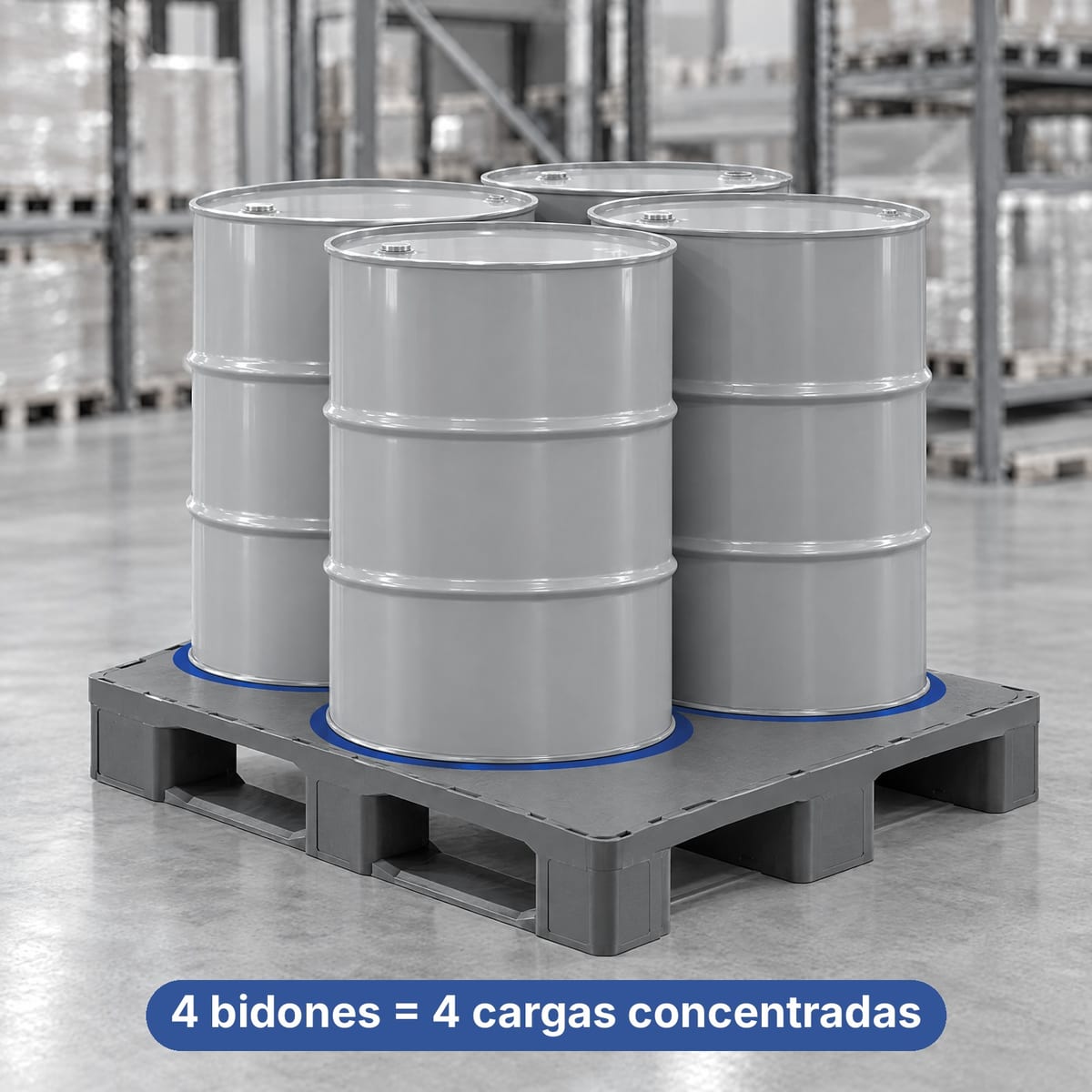 Cuatro bidones sobre un palet de plástico 1200x1000 de superficie cerrada