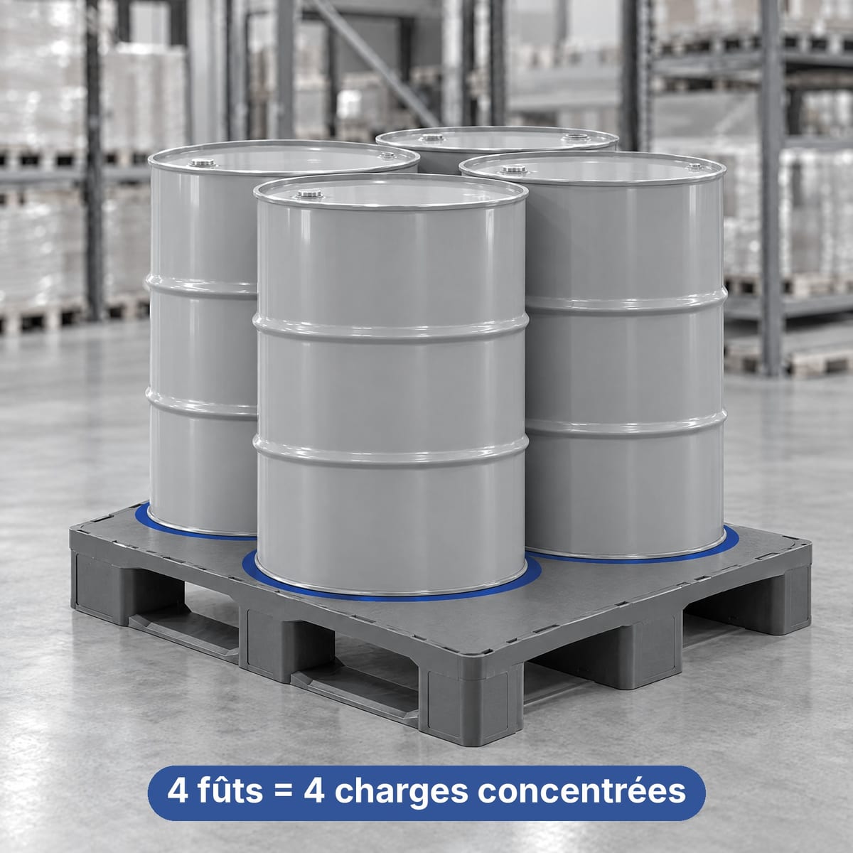 Quatre fûts sur une palette plastique 1200×1000 à plateau fermé