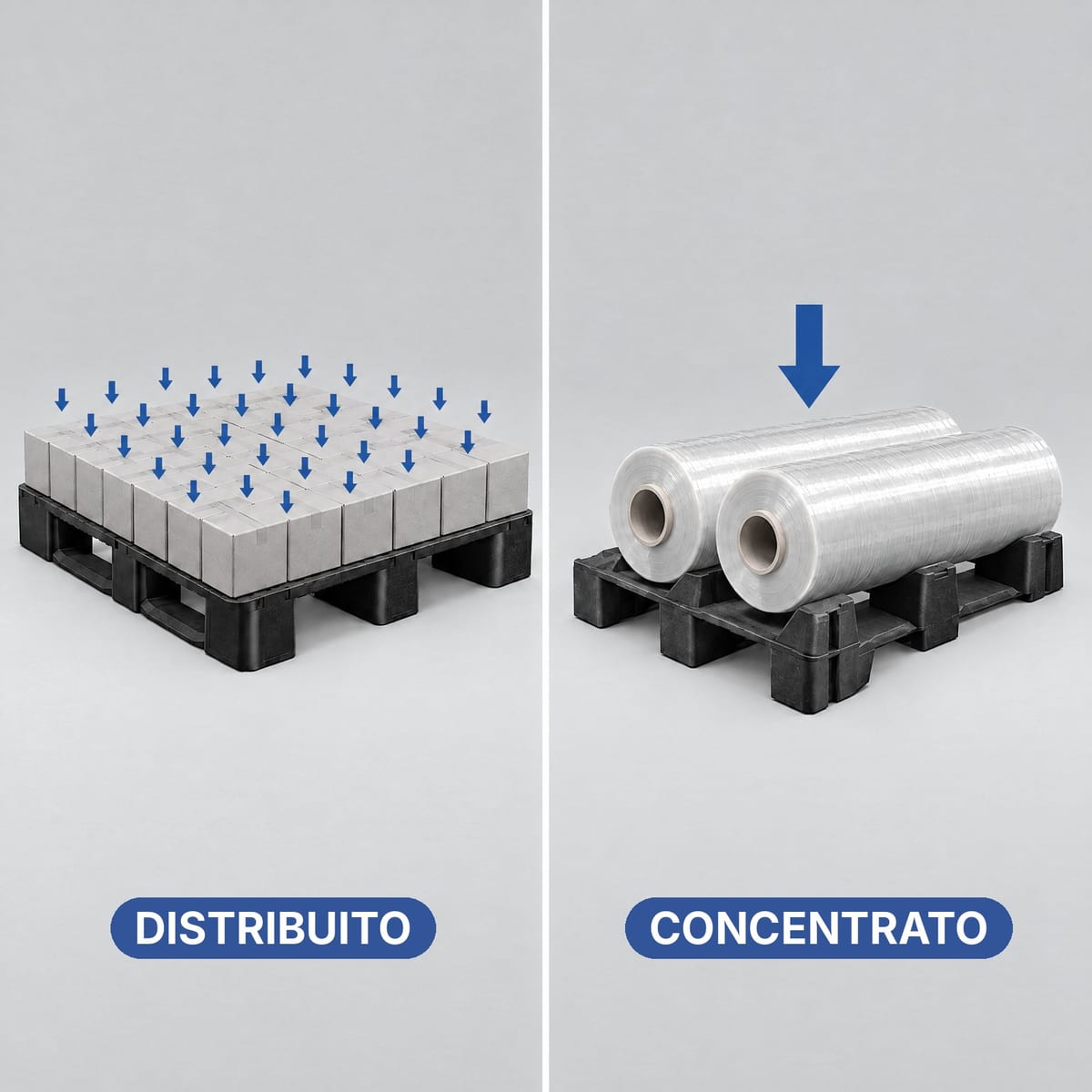 Due pallet in plastica a confronto: carico di scatole distribuito e bobina che concentra il peso