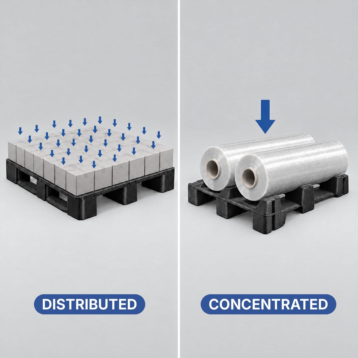 Two plastic pallets compared: an evenly spread carton load and a reel that concentrates the weight