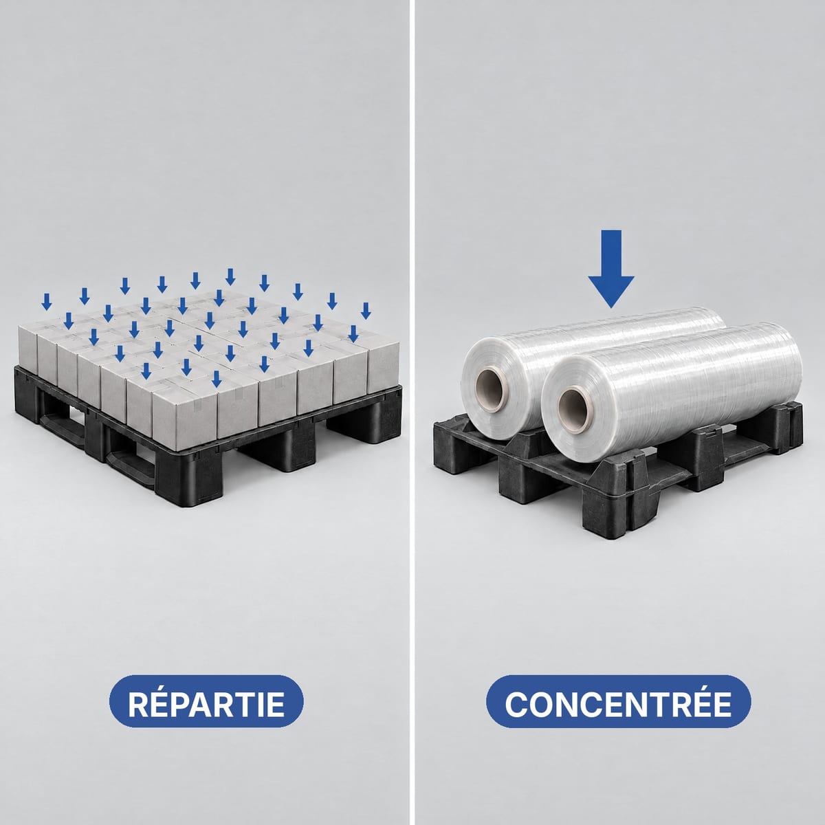 Deux palettes plastique comparées : cartons en charge répartie et bobine qui concentre le poids