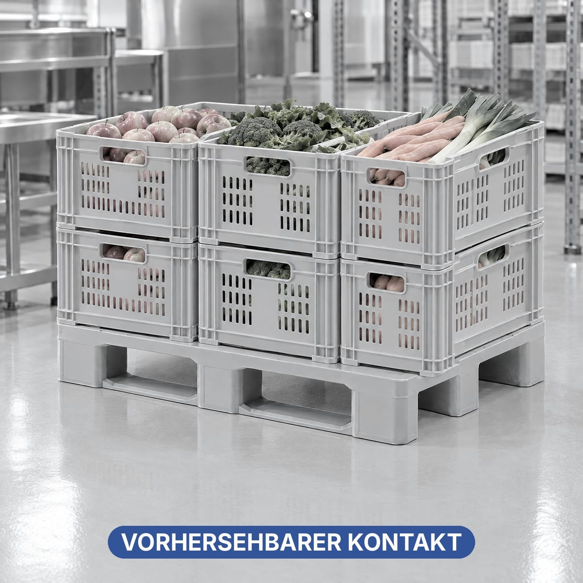 Kunststoffpalette mit offenen Obstkisten, Beispiel für vorhersehbaren Lebensmittelkontakt
