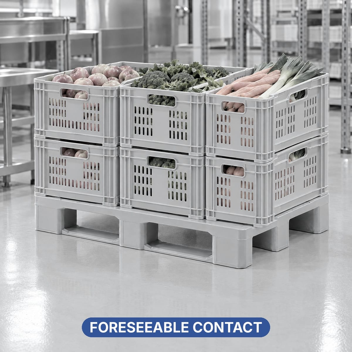 Plastic pallet with open crates of fruit, an example of foreseeable contact with food