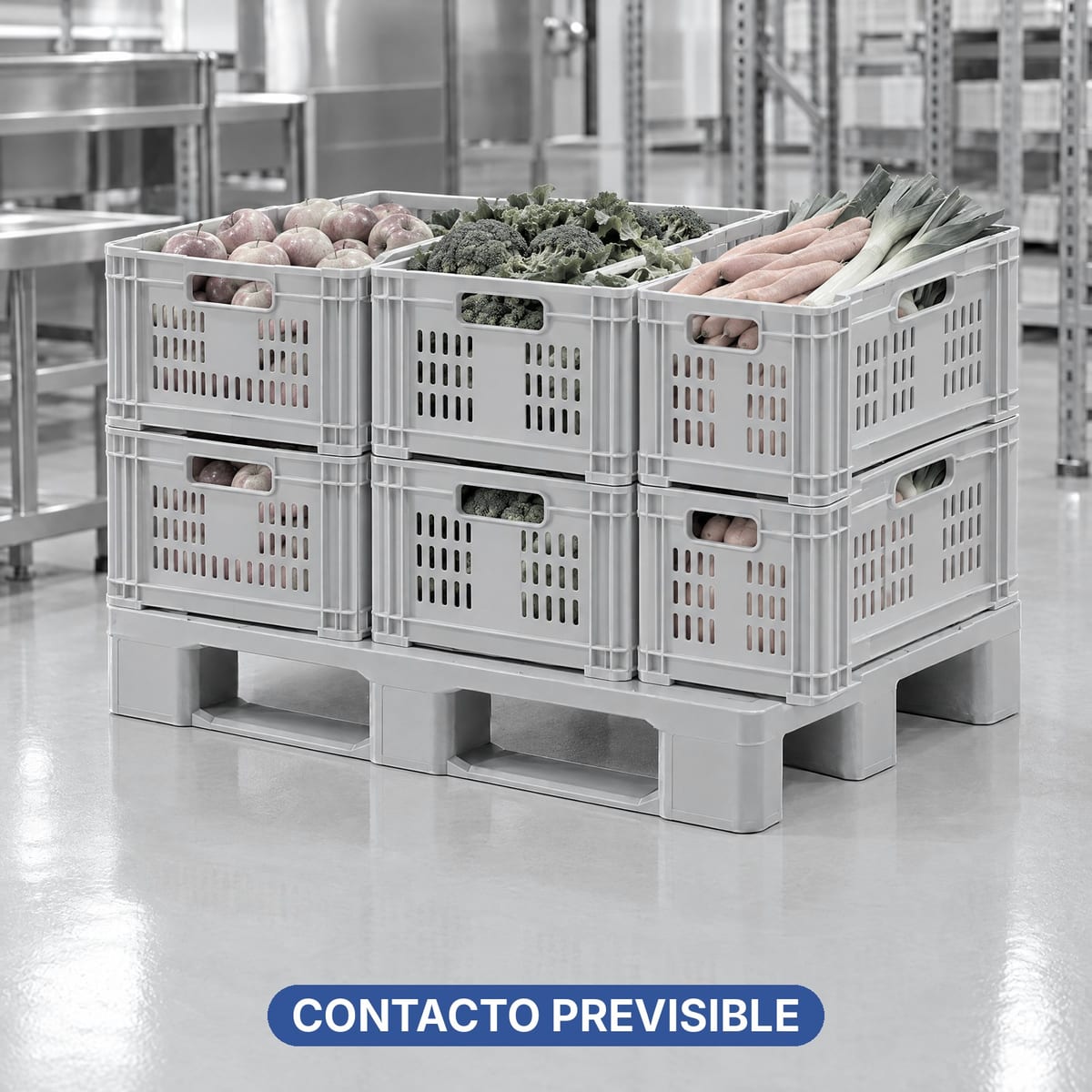 Palet de plástico con cajas de fruta abiertas, ejemplo de contacto previsible con alimentos