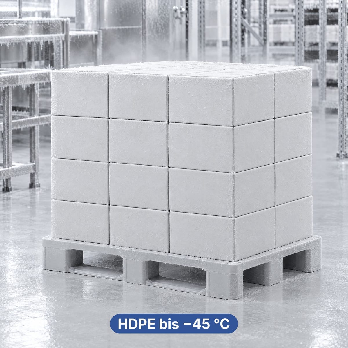 Beladene HDPE-Kunststoffpalette in einem Tiefkühllager