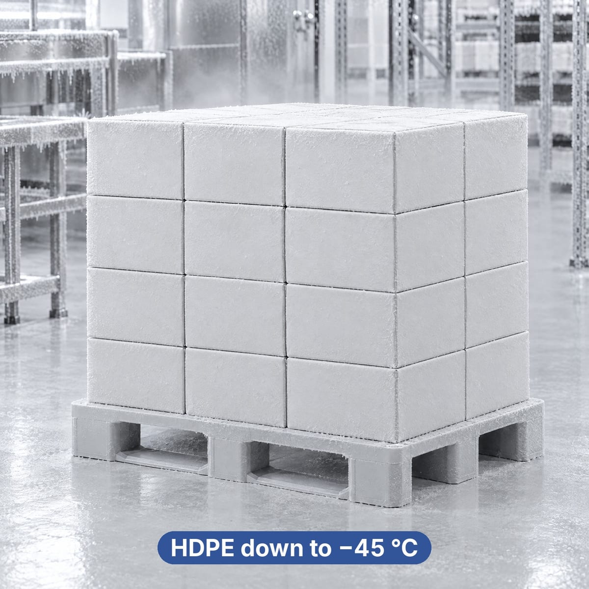 Loaded HDPE plastic pallet in a frozen food cold store