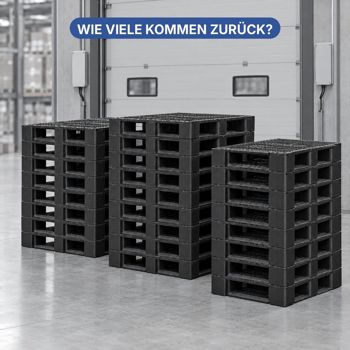 Stapel von Kunststoffpaletten eines geschlossenen Kreislaufs vor der Rückführung, mit RFID-Gate am Ladetor