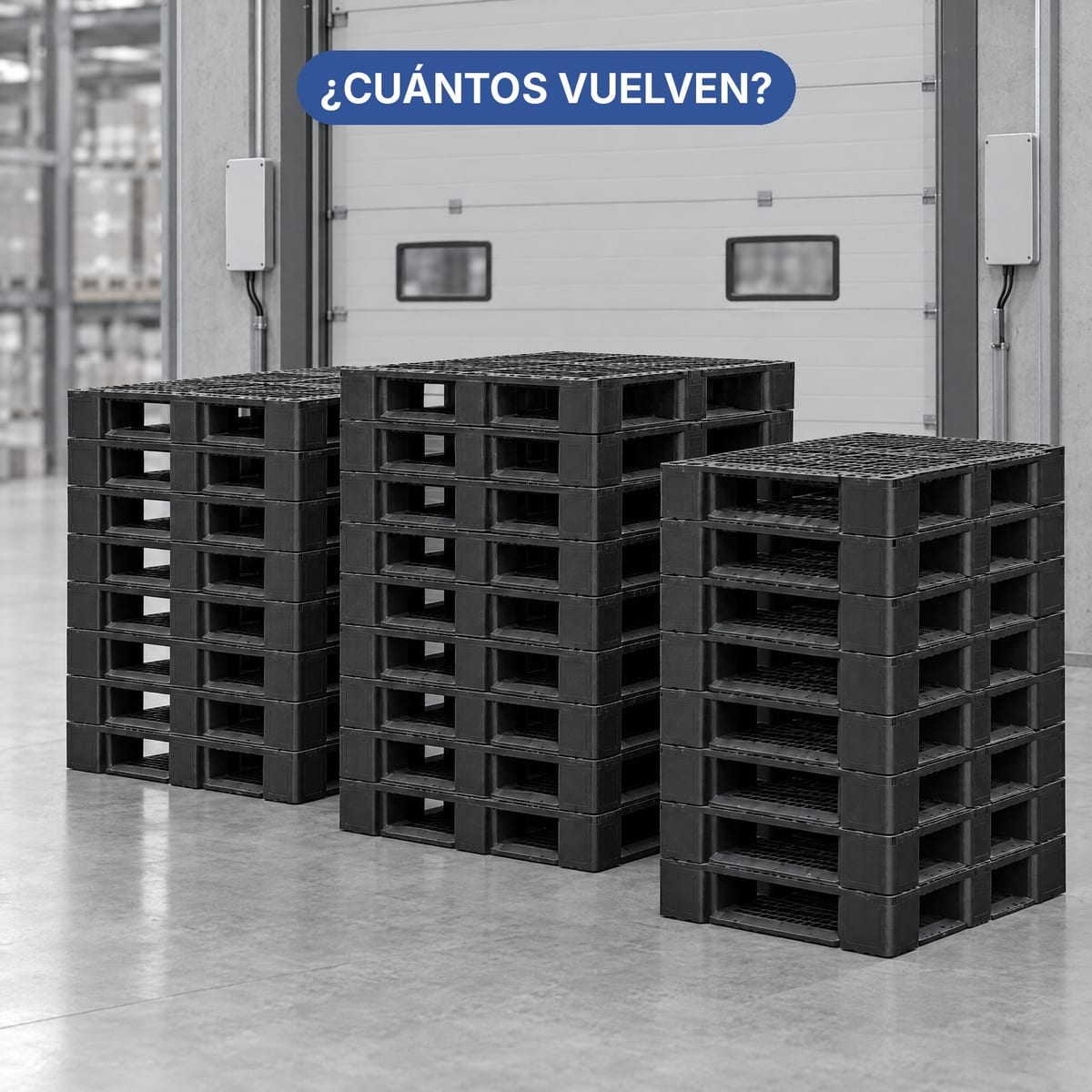 Pilas de palets de plástico de un circuito cerrado listas para el retorno, con un arco RFID en el muelle de carga