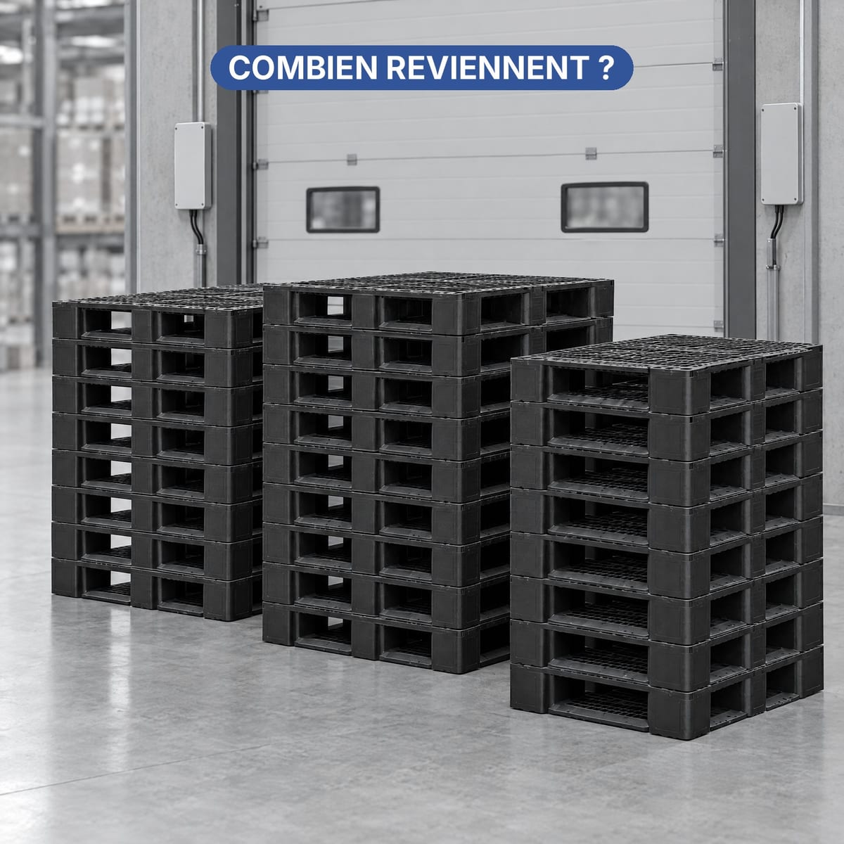 Piles de palettes plastique d'une boucle fermée prêtes pour le retour, avec portique RFID au quai de chargement